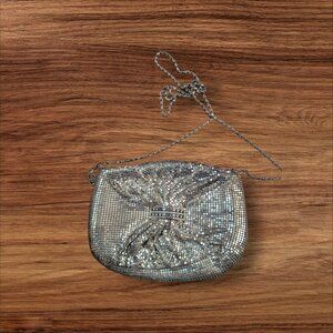 Vintage Silver Mesh Evening Bag With Rhinestone Accent & Chain Strap 9" Wide Pre
